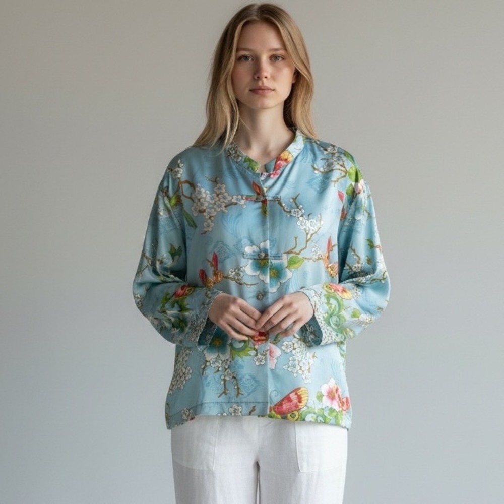 Natori Magnolia Pajama Top Sky Blue Floral Bird Satin Button Front Large A76316